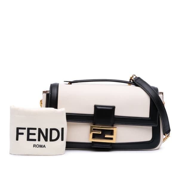 Pre-owned Fendi Bicolor Leather Chain Midi Baguette White