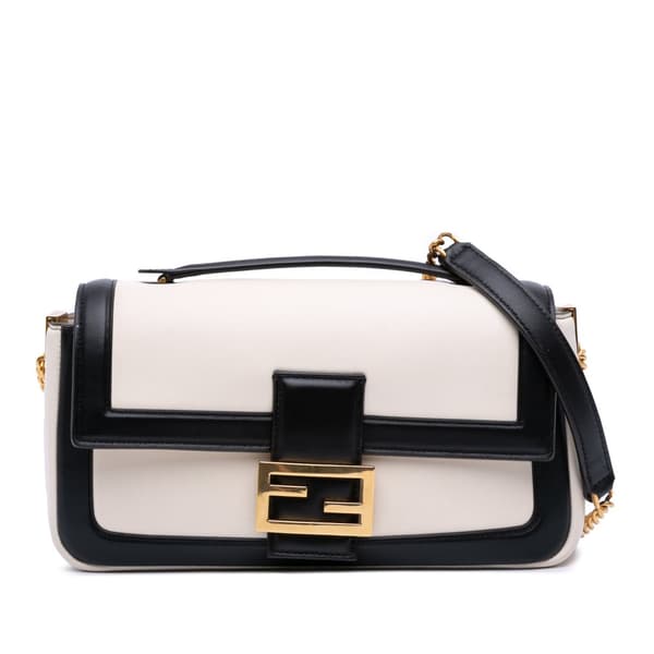 Pre-owned Fendi Bicolor Leather Chain Midi Baguette White