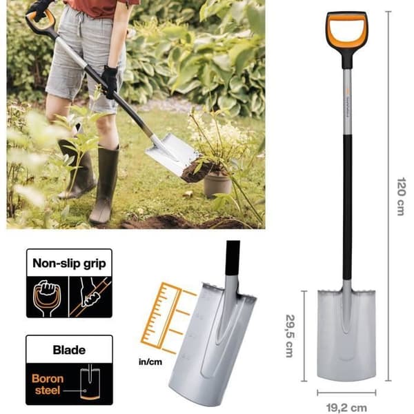 Fiskars Spade för mjuka och stenfattiga jordar, Rundtopp, 120 cm, 1,95 kg, Skaft i borstålsblad, SvartOrange, Xact, 106