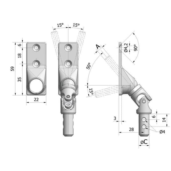 Utgång 50° plat zamak 22 x 59 mm +H7/320 RAL9016 CHERUBINI 78057030V1316