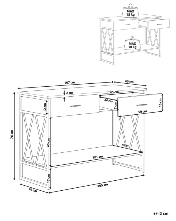 Konsolipöytä ruskeanharmaa lastulevy musta metallijalat 106 x 45 x 76 cm laatikoilla hyllyllä moderni