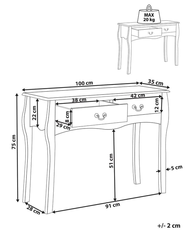 Konsolipöytä musta 100 x 75 x 35 cm MDF-levy lastulevy 2 laatikkoa retro perinteinen