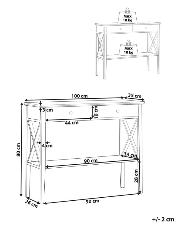 Mat Sort Konsol med 2 Skuffer Hylde 80 x 100 cm Skandinavisk Stil