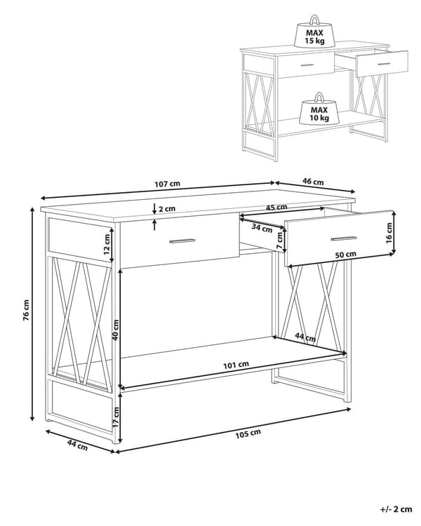Konsolipöytä tumma puu lastulevy musta metallijalat 106 x 45 x 76 cm laatikoilla hyllyllä moderni