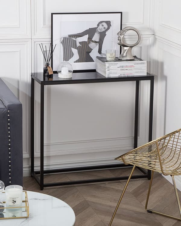 Konsolbord Sort Hærdet Glas og Metalben 80 x 30 x 76 cm Smalt Højt Barbord Moderne Glam stil Stue Soveværelse Indretning