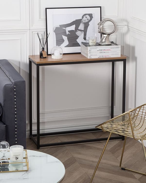 Konsolbord Mørkt Træ og Sort Metalben 80 x 30 x 76 cm Smalt Højt Barbord Moderne Glam stil Stue Soveværelse Indretning