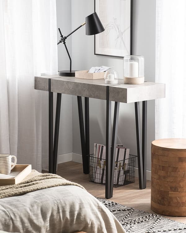 Konsolbord Lysegrå MDF Træ/Sort Pulverlakeret metalben 100 x 40 x 81 cm Rektangulært Moderne look betoneffekt Inspireret Værelses Indretning