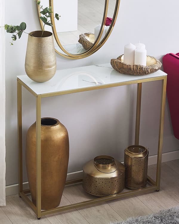 Konsolipöytä valkoinen karkaistu lasi kultaiset metallijalat 80 x 30 x 76 cm marmorikuvio moderni tyyli