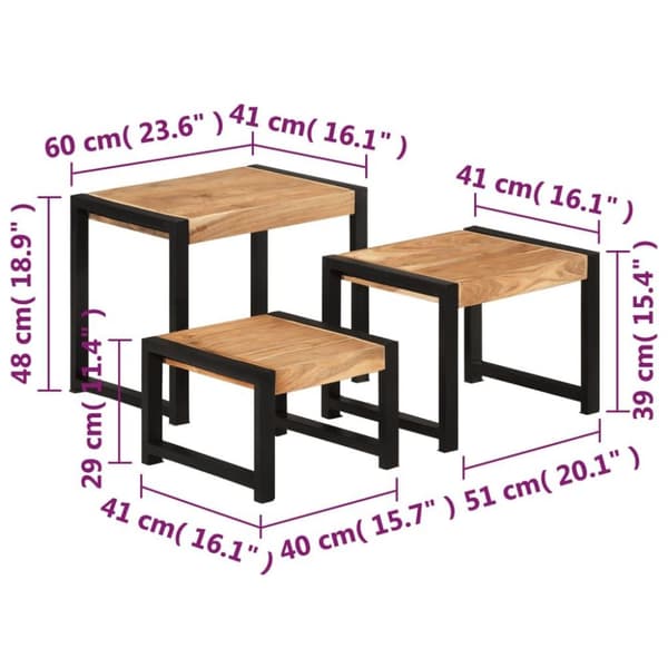 vidaXL Satsbord 3 st massivt trä med sheshamfinish