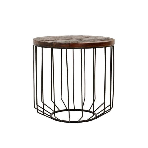 WOMO-DESIGN designer sidobord runt Ø 50 x 50 cm naturligt massivt trä återvunnet trä Metallram Metallkorg svart Modernt vardagsrum Soffbord Soffbord