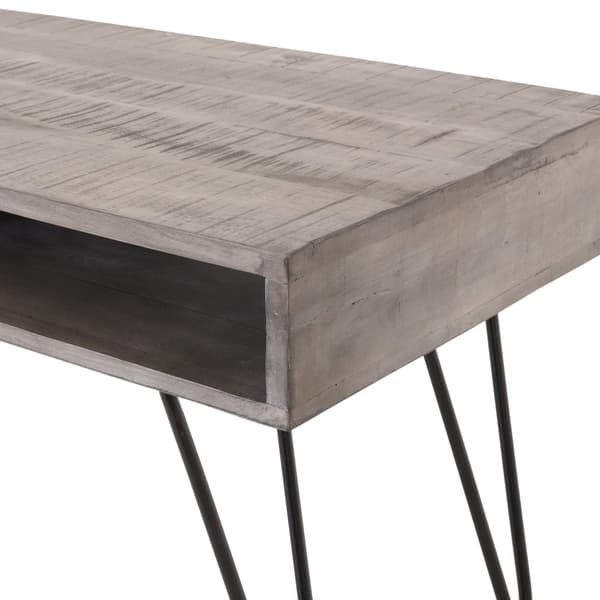 WOMO-DESIGN Modernt soffbord 100cm grått massivt trä mangoträ med 2 lådor och svartmetall hårnålsben retro look vardagsrumsbord soffbord sidobord