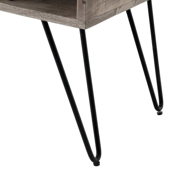WOMO-DESIGN Modernt soffbord 100cm grått massivt trä mangoträ med 2 lådor och svartmetall hårnålsben retro look vardagsrumsbord soffbord sidobord