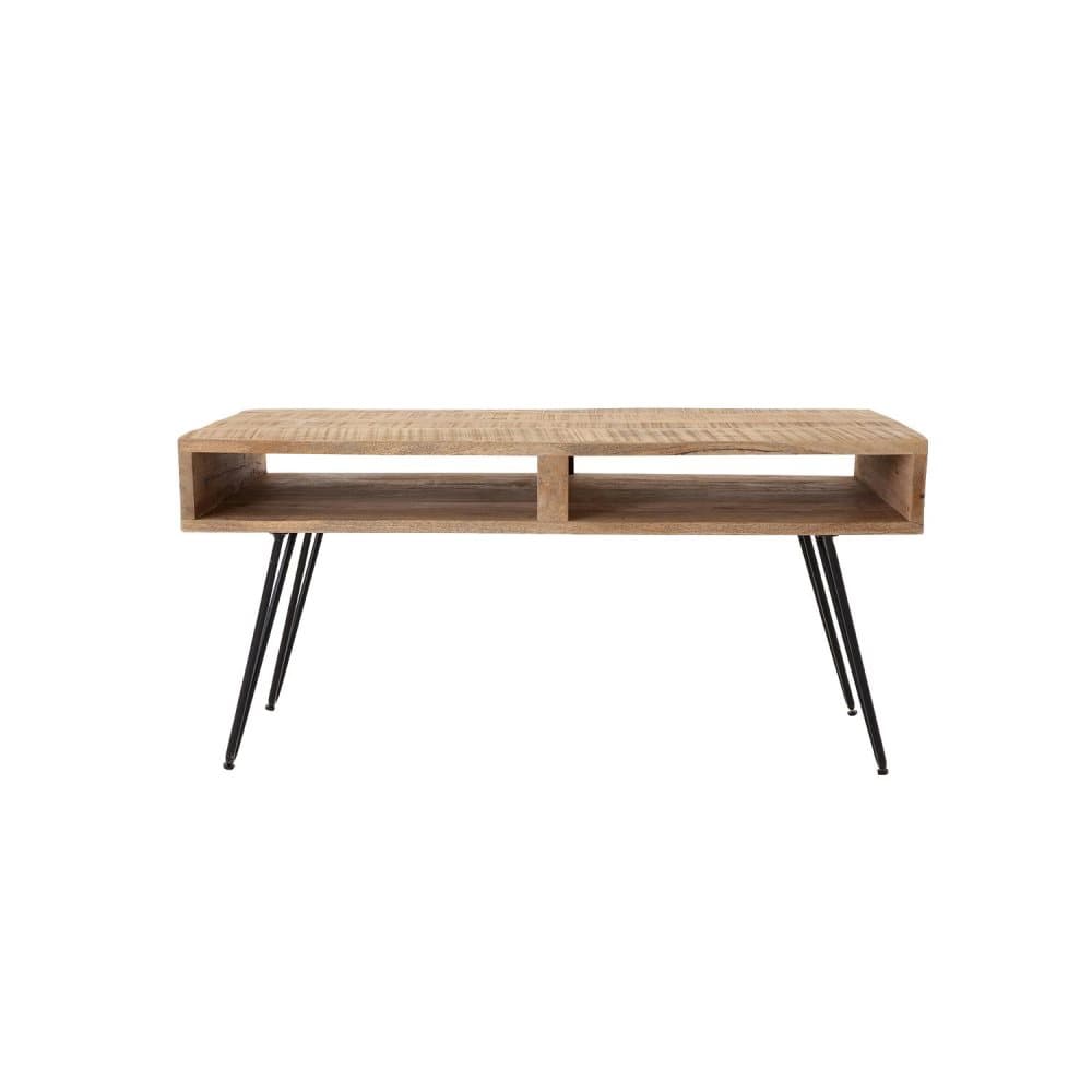 WOMO-DESIGN Modernt soffbord 100cm naturligt massivt trä mangoträ med 2 lådor och svartmetall hårnålsben retro look vardagsrumsbord soffbord sidobord