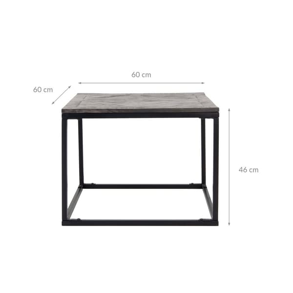 WOMO-DESIGN design sivupöytä 60x60cm neliönharmaa luonnollinen massiivipuu mangopuu kalanruoto kuvio metallikehys musta käsintehty olohuoneen