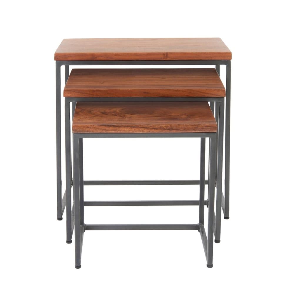 WOMO-DESIGN sidobordssats om 3 45,5 / 38,5 / 32,5 cm kvadrat, naturligt massivt trä akaciaträ, metallram antracit, industriell design, handgjorda