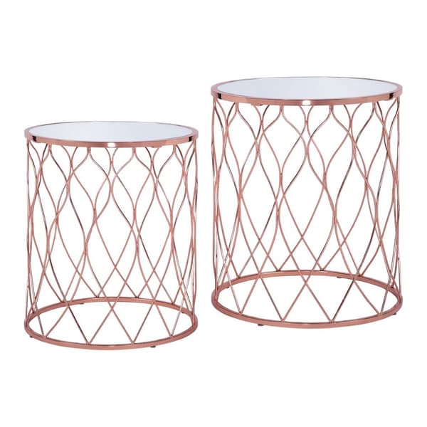 WOMO-DESIGN design sidebordssæt på 2 Ø40 / Ø45 cm i kobber, stuebord med glasplade, rundt sofabord, moderne glasbord, ædelmetalbelagt sofabord