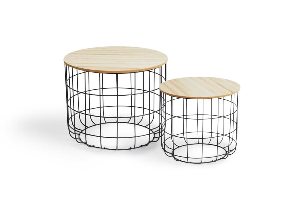 LIFA LIVING Tore Sidobord, 2x Runda Förvaringsbord av Trä och Metall, Korg med Bricka, Industristil Soffbord, 20 kg Lastkapacitet, 40 x 36 cm och 50 x