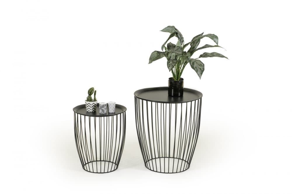 LIFA LIVING Erik Sidobord, 2x Runda Förvaringsbord av Svart Metall, Korg med Bricka, Industristil Soffbord, 20 kg Lastkapacitet, 40 x 34.5 cm och 49 x