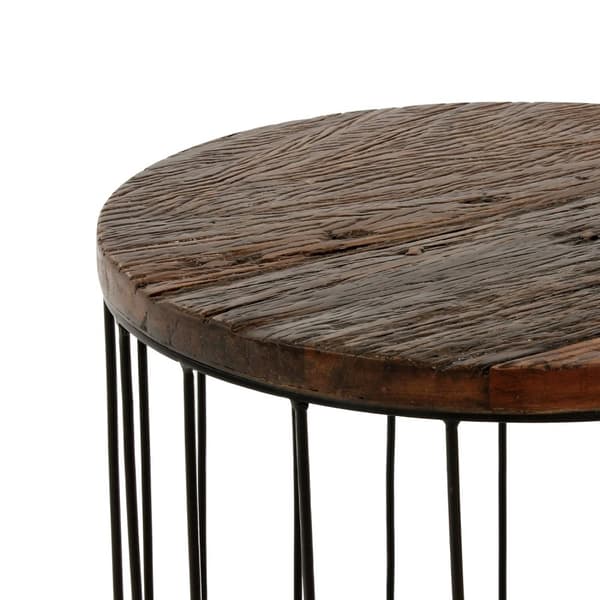 WOMO-DESIGN design-sivupöytä pyöreä Ø 50 x 50 cm luonnon massiivipuuta kierrätettyä puuta Metallikehys Metallinen kori musta Moderni olohuoneen pöytä