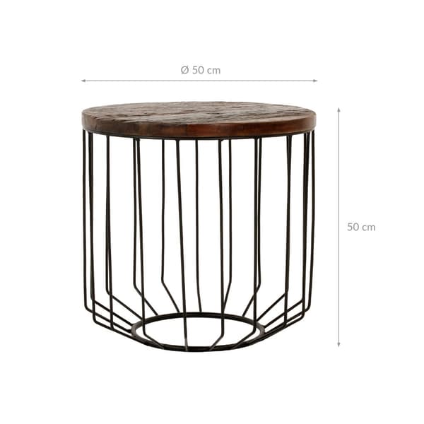 WOMO-DESIGN design-sivupöytä pyöreä Ø 50 x 50 cm luonnon massiivipuuta kierrätettyä puuta Metallikehys Metallinen kori musta Moderni olohuoneen pöytä