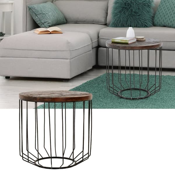 WOMO-DESIGN design-sivupöytä pyöreä Ø 50 x 50 cm luonnon massiivipuuta kierrätettyä puuta Metallikehys Metallinen kori musta Moderni olohuoneen pöytä