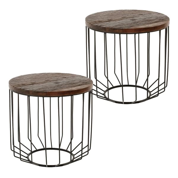 WOMO-DESIGN designer sidebord rundt Ø 50 x 50 cm natur massivt træ genvundet træ Metalstel Metalkurv sort Moderne opholdsstue Sofabord Sofabord Flet