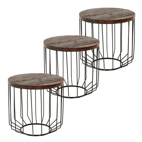 WOMO-DESIGN designer sidebord rundt Ø 50 x 50 cm natur massivt træ genvundet træ Metalstel Metalkurv sort Moderne opholdsstue Sofabord Sofabord Flet