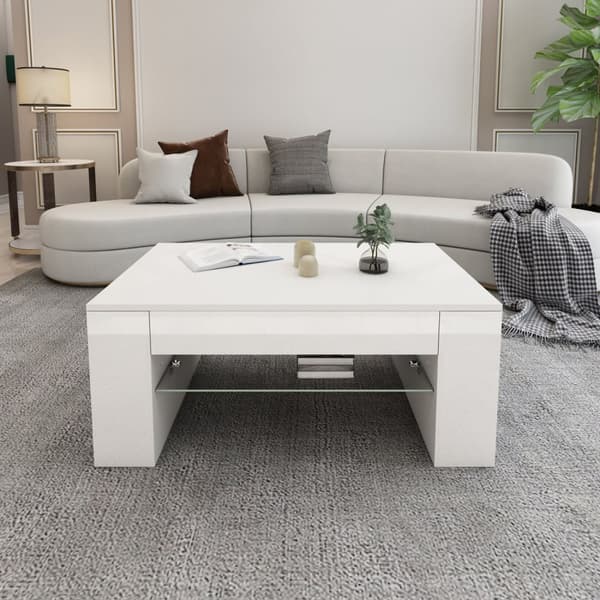 ML-Design sofabord i højglans hvid, rummelig stue bord med glasbakke og 4 rum på siderne, 100x42x60 cm, moderne soofat med opbevaringsplads, træbord