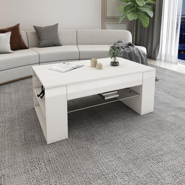ML-Design soffbord i högglans vit, rymligt vardagsrum med glasbricka och 4 fack på sidorna, 100x42x60 cm, modern soofat med förvaringsutrymme, träbord