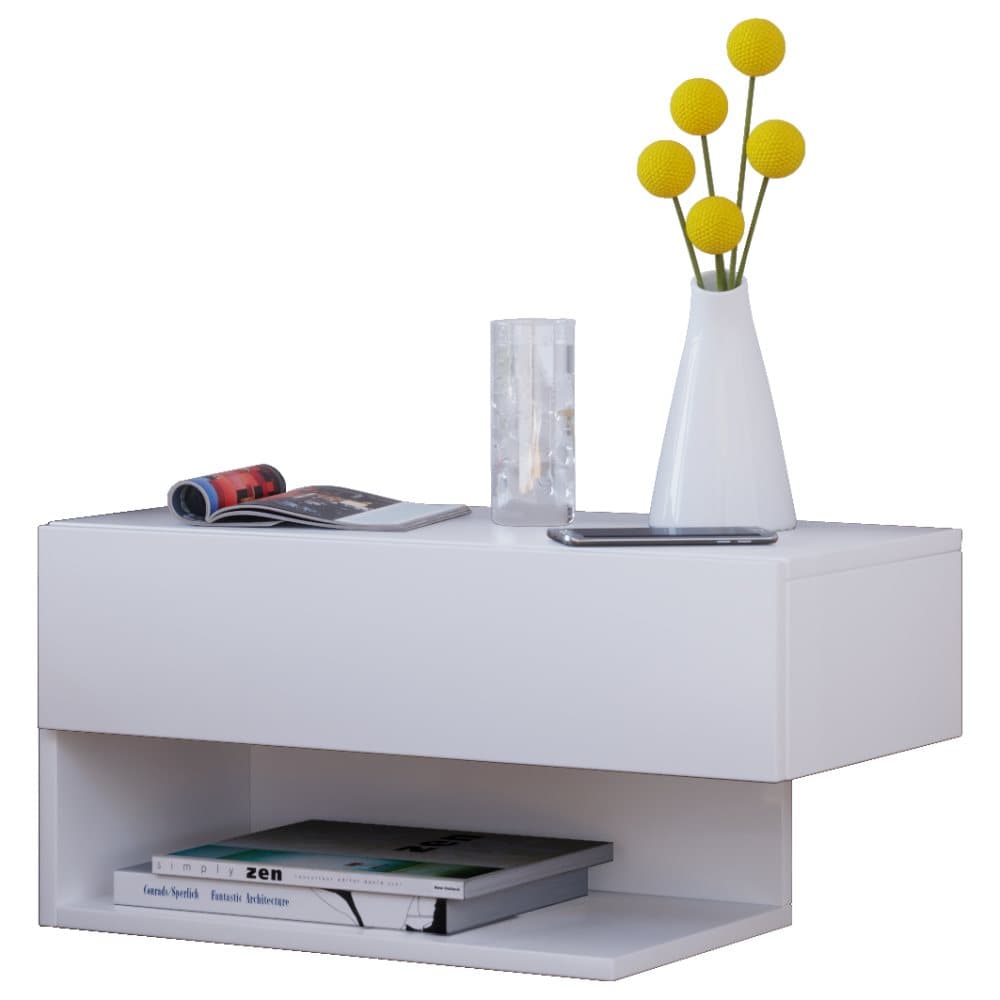 Klado Maxi avlastningsbord , nattduksbord vägghängt 1 låda och 1 hylla vit.