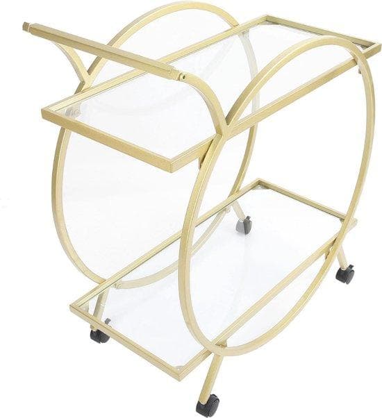 Sidobord | Rundt | Vagn | Guld | Mobilt | Bord | 2 lager | Glas | med hjul