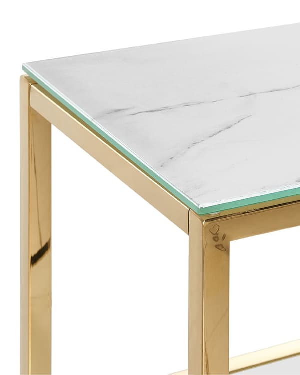 Konsolipöytä valkoinen kultaisilla ruostumattomilla teräksisillä reunoilla lasinen taso 80 x 30 cm hyllyllä