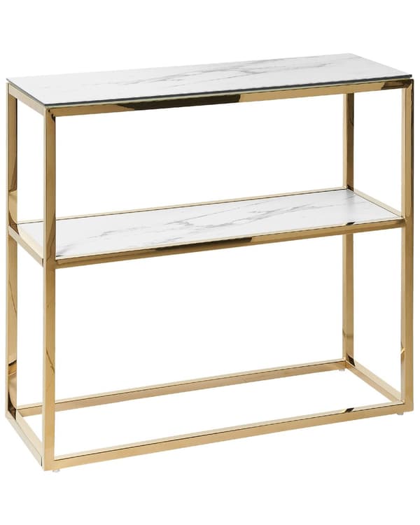 Konsolipöytä valkoinen kultaisilla ruostumattomilla teräksisillä reunoilla lasinen taso 80 x 30 cm hyllyllä