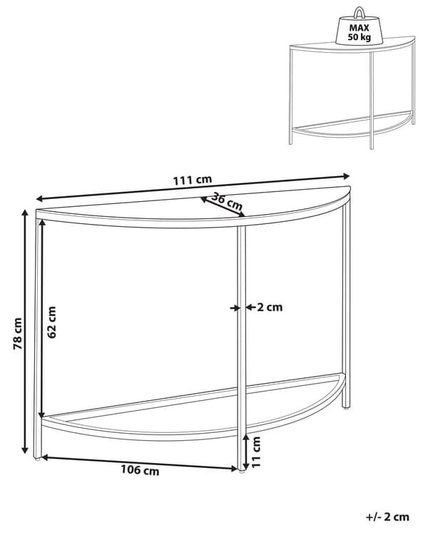 Konsolipöytä valkoinen kultaisilla ruostumattomilla teräksisillä reunoilla marmori lasinen taso 111 x 36 cm puolikuun muotoinen hyllyllä