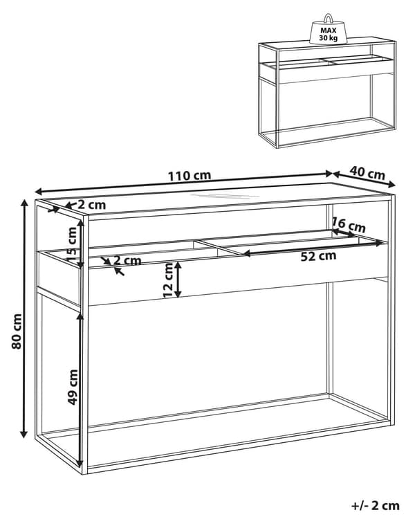Konsolipöytä tumma puu musta metallirunko lasitaso neliskulmainen hyllyllä 110 x 40 cm