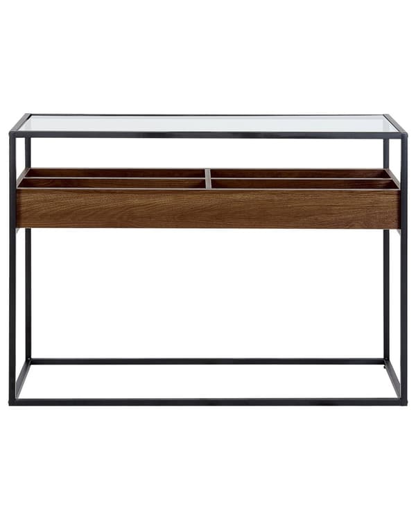 Konsolipöytä tumma puu musta metallirunko lasitaso neliskulmainen hyllyllä 110 x 40 cm