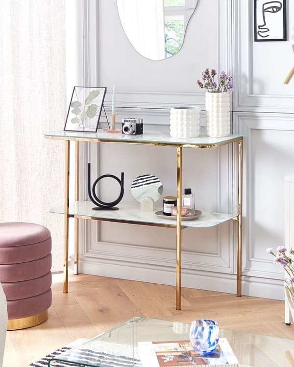 Konsolbord Hvidguld Hærdet glasstål 100 x 33 cm Marmoreffekt Glam Moderne Stue Soveværelse Gang