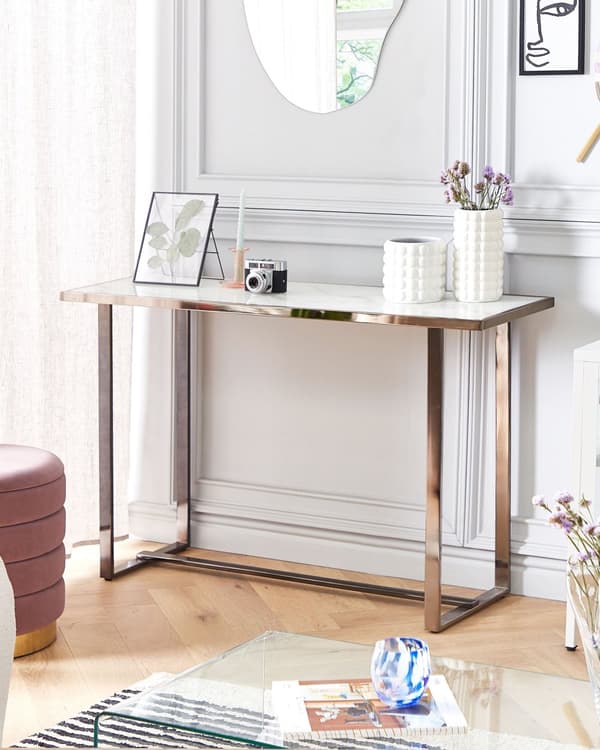 Konsolbord Hvid Sølv Hærdet Glas Stål 120 x 40 cm Marmoreffekt Glam Moderne Stue Soveværelse Entre