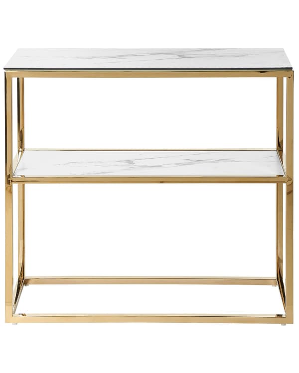 Konsolbord Hvid med Guld Hærdet Glas Rustfrit Stål 80 x 30 cm Hylde Rektangulær Glam Marmor Effekt Moderne Stue Soveværelse Entre