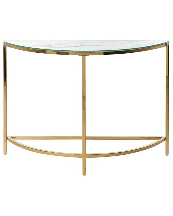 Konsolbord Hvid med Guld Hærdet Glas Rustfrit Stål 111 x 36 cm Halvmåne Glam Moderne Stue Soveværelse Gang