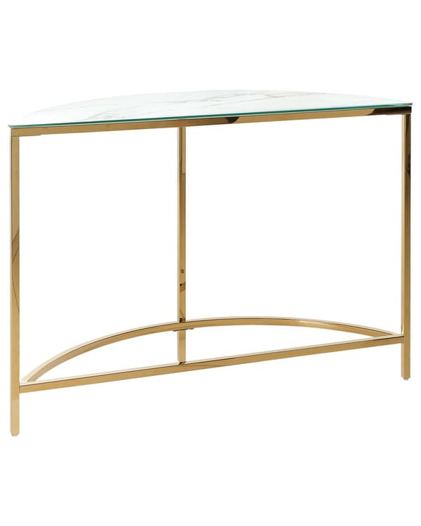 Konsolbord Hvid med Guld Hærdet Glas Rustfrit Stål 111 x 36 cm Halvmåne Glam Moderne Stue Soveværelse Gang
