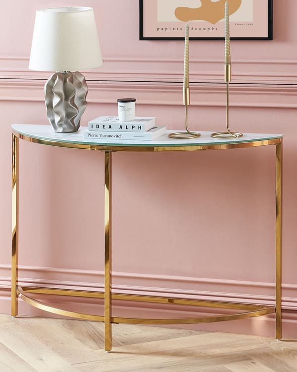 Konsolbord Hvid med Guld Hærdet Glas Rustfrit Stål 111 x 36 cm Halvmåne Glam Moderne Stue Soveværelse Gang