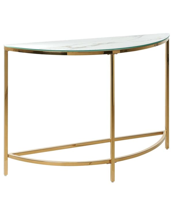 Konsolbord Hvid med Guld Hærdet Glas Rustfrit Stål 111 x 36 cm Halvmåne Glam Moderne Stue Soveværelse Gang