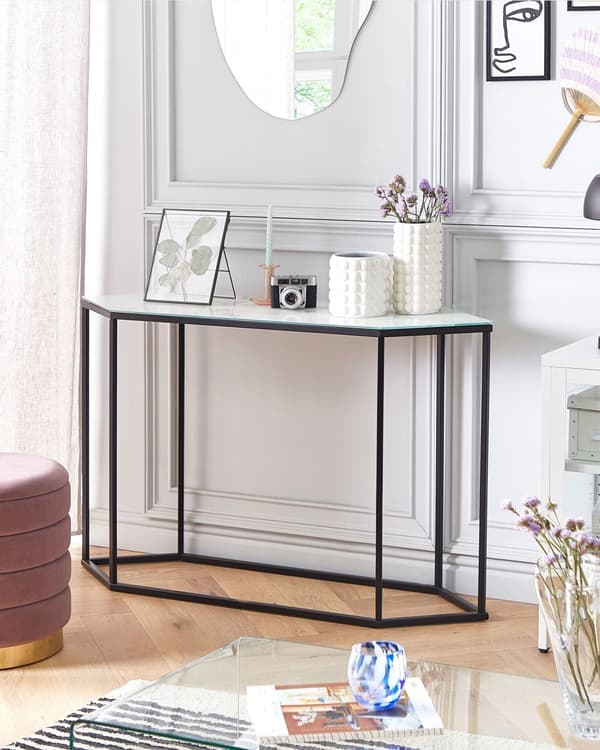 Konsolbord Hvid Sort Stål og Hærdet Glas 120 x 35 cm Dekorativ Anretterbord Marmor Look Glamour Moderne Stue Entré Soveværelse Tilbehør