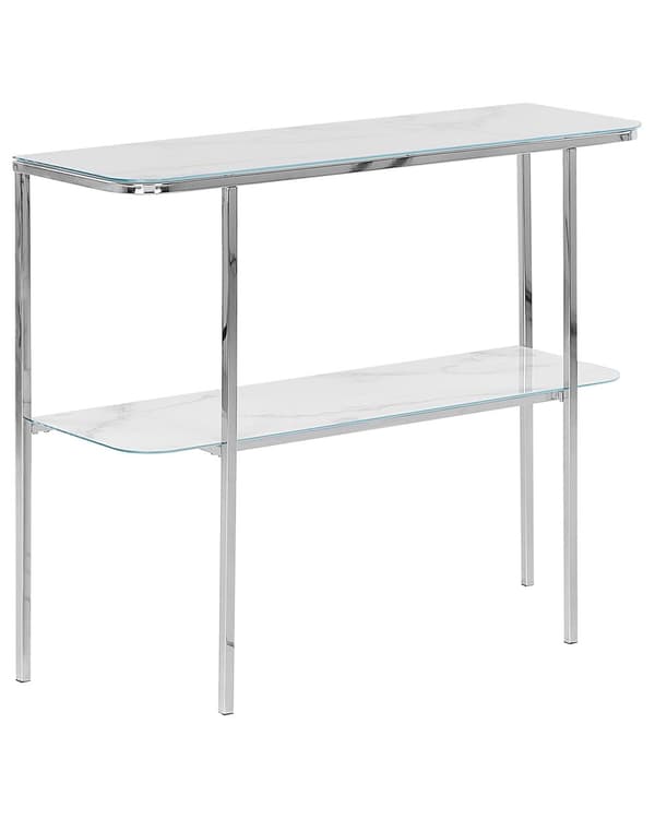 Konsolbord Hvid Sølv Hærdet Glas Stål 100 x 33 cm Marmoreffekt Moderne Stue Soveværelse Gang