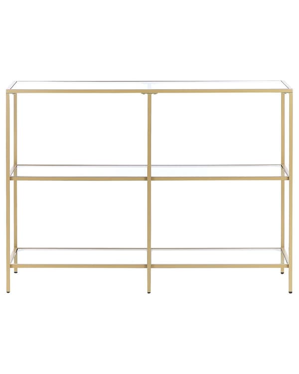 Guld Konsol Glas Hærdet Metal 100 x 30 cm med 2 Hylder Rektangulært Sofabord Moderne Glamour Stil Stue Soveværelse Korridor