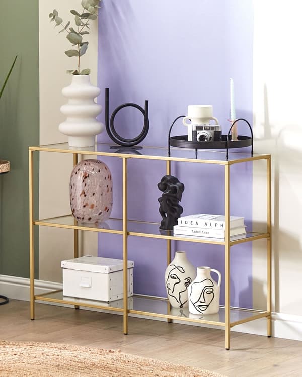 Guld Konsol Glas Hærdet Metal 100 x 30 cm med 2 Hylder Rektangulært Sofabord Moderne Glamour Stil Stue Soveværelse Korridor