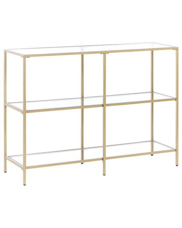 Guld Konsol Glas Hærdet Metal 100 x 30 cm med 2 Hylder Rektangulært Sofabord Moderne Glamour Stil Stue Soveværelse Korridor