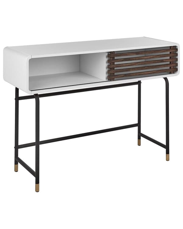 Konsolipöytä valkoinen tumma puu 104 x 80 x 40 cm lastulevy teräs kaappi hylly liukuovi moderni