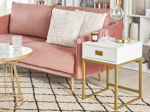 Sidebord Hvitt med Gullfarget Metallunderstell Oppbevaringsskuff Nattbord Glamour